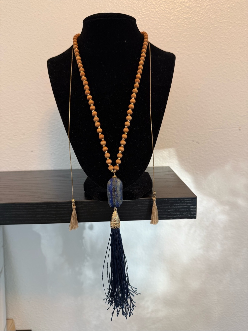 Boho Lapis Lazuli Gemstone & Wood Bead Tassel Mala Necklace, adjustable length